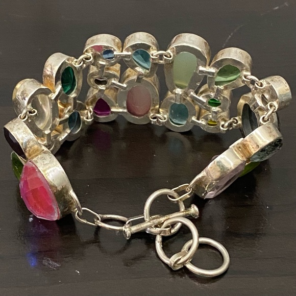 Stunning Multicolored Gemstones Crystals Mixed Cabochon Wide Bracelet 55.1g - Picture 7 of 16